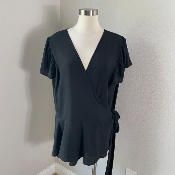 Loft Womens Plus 26 Black Wrap Top Short Flutter Sleeves Blouse Shirt - Picture 1 of 7